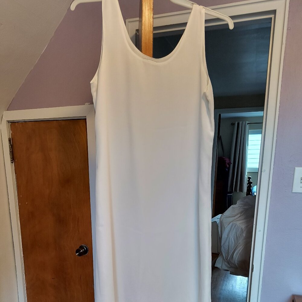 White chiffon sheath dress with hand painted purple design, size M (8-10)